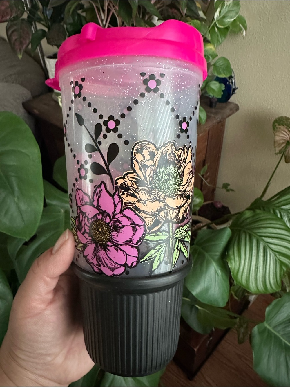 Floral Pink Glitter 24oz Cold Drink Travel Tumbler with Lid